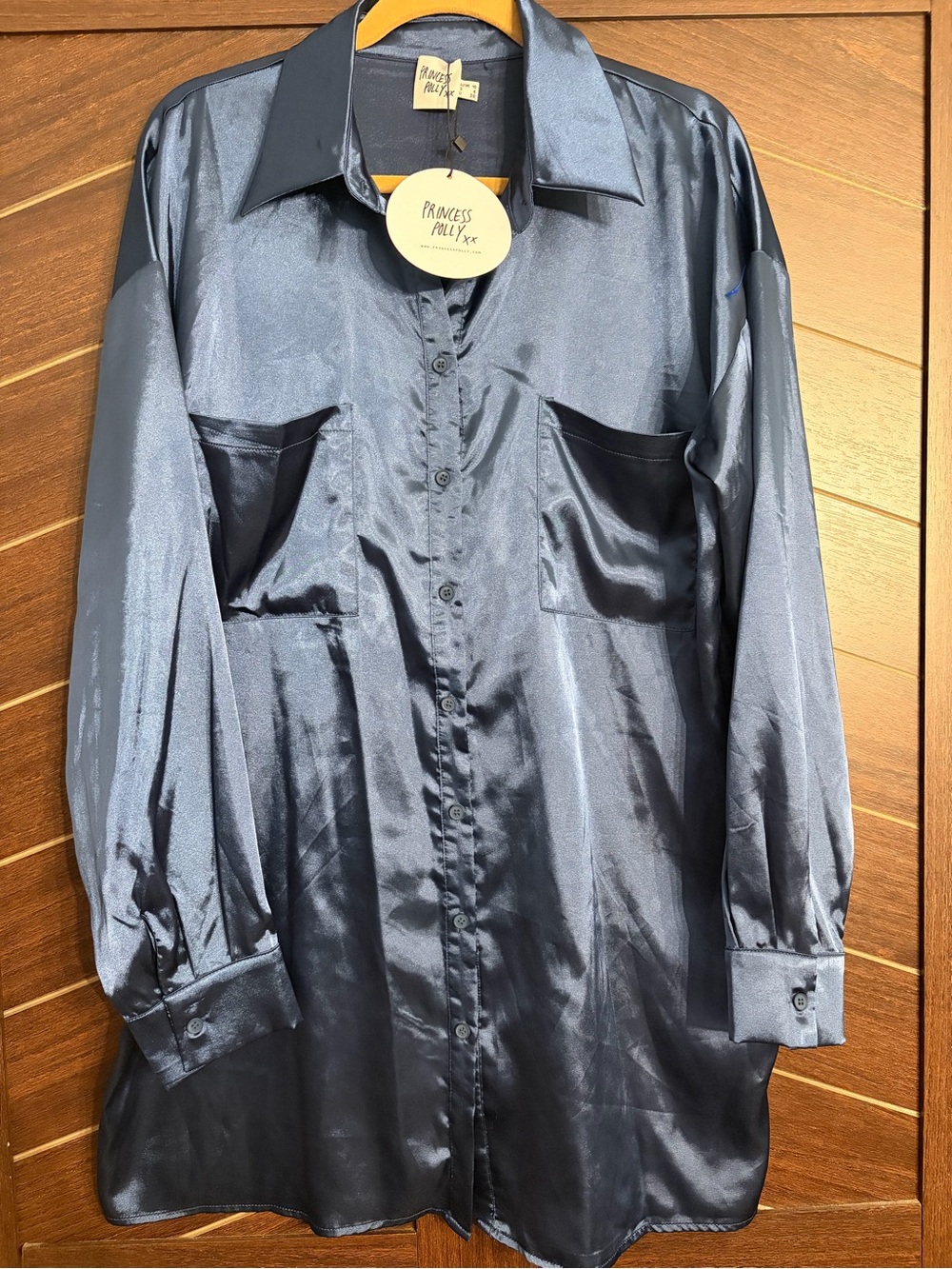 Princess Polly NWT satin long sleeve shirt dress navy mini size 6